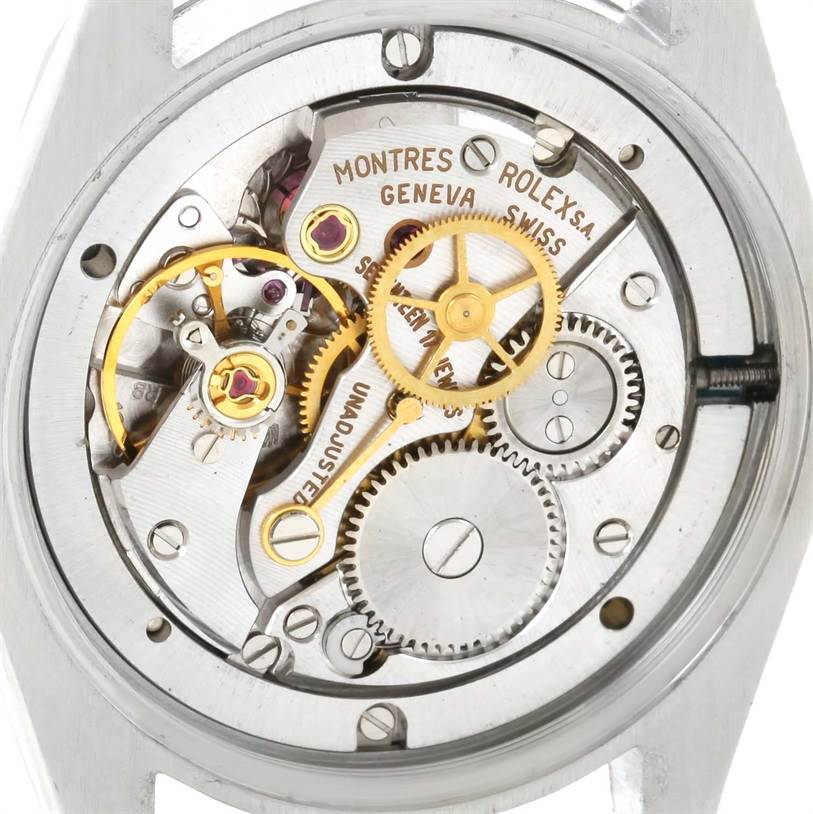 This image shows the Rolex Vintage Collection 6694 Men's Stainless Steel Black Dial 6694 Men's Stainless Steel Black Dial model's inner mechanical movement parts from a top-down angle, highlighting its intricate gears.