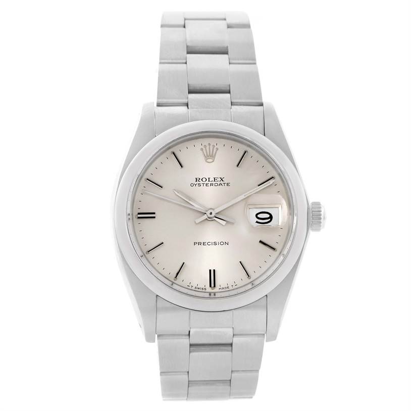 The image shows a front view of the Rolex Oysterdate Precision Vintage Collection watch, featuring its dial, date window, and stainless steel bracelet.