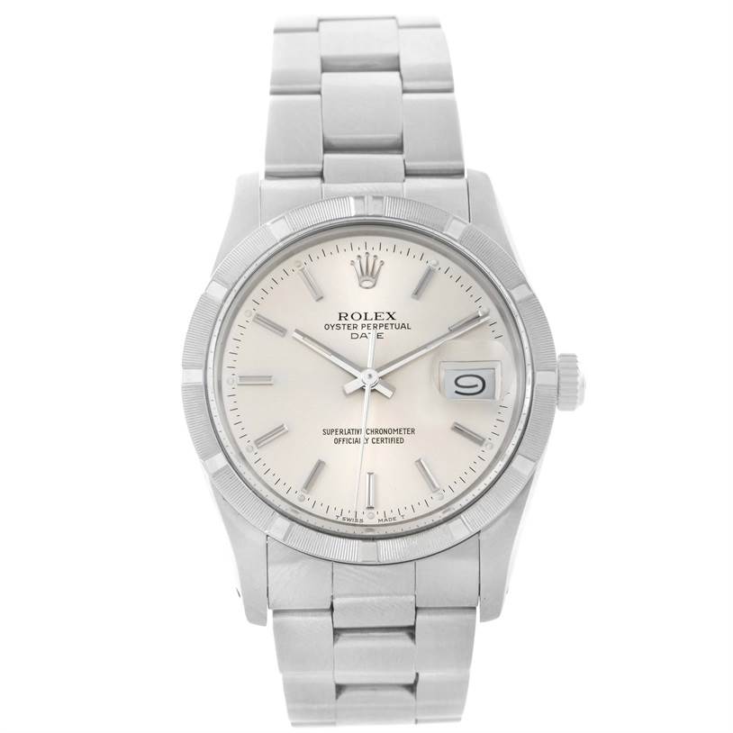 The image shows a front view of a Vintage Collection Rolex Oyster Perpetual Date watch, displaying the face, bezel, and bracelet.