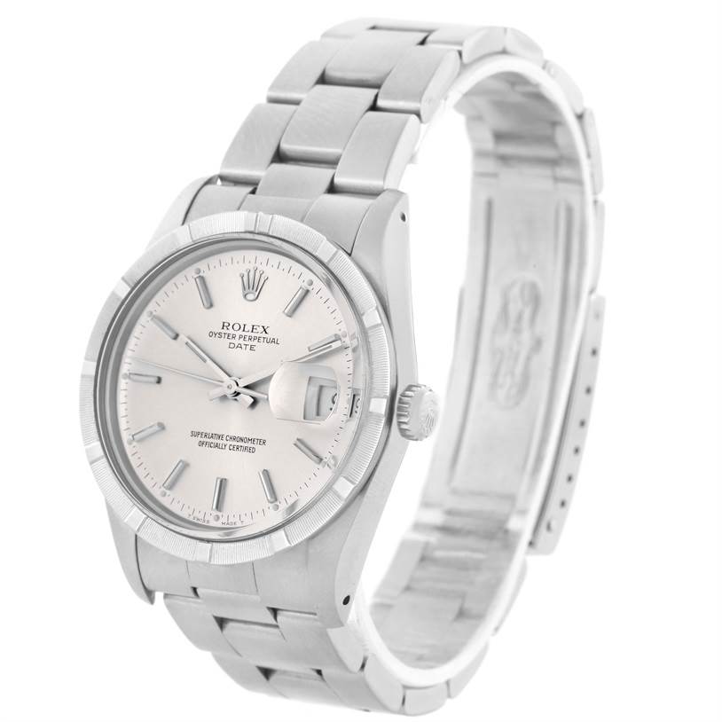The image shows a Rolex Vintage Collection 15010 Men's Stainless Steel Silver Dial 15010 Men's Stainless Steel Silver Dial Oyster Perpetual Date watch from an angled side view displaying the face, bezel, and part of the bracelet.