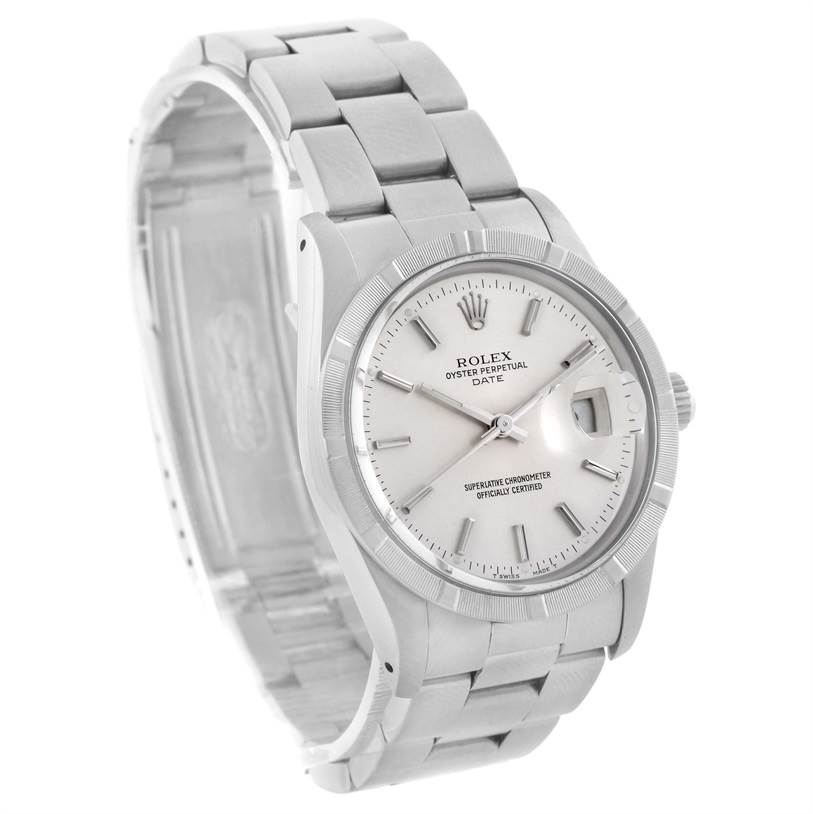 The image shows a Vintage Collection Rolex Oyster Perpetual Date watch from a slightly angled front view, highlighting its dial and bracelet.