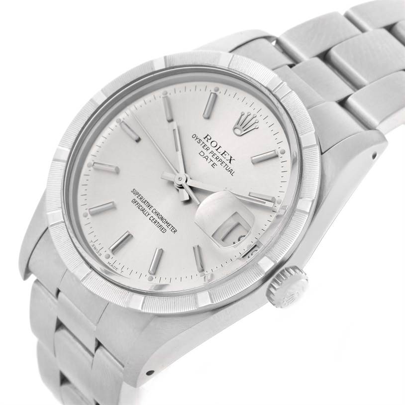 The Rolex Vintage Collection 15010 Men's Stainless Steel Silver Dial 15010 Men's Stainless Steel Silver Dial watch is shown from an angled perspective, highlighting its dial, bezel, crown, and a portion of the bracelet.