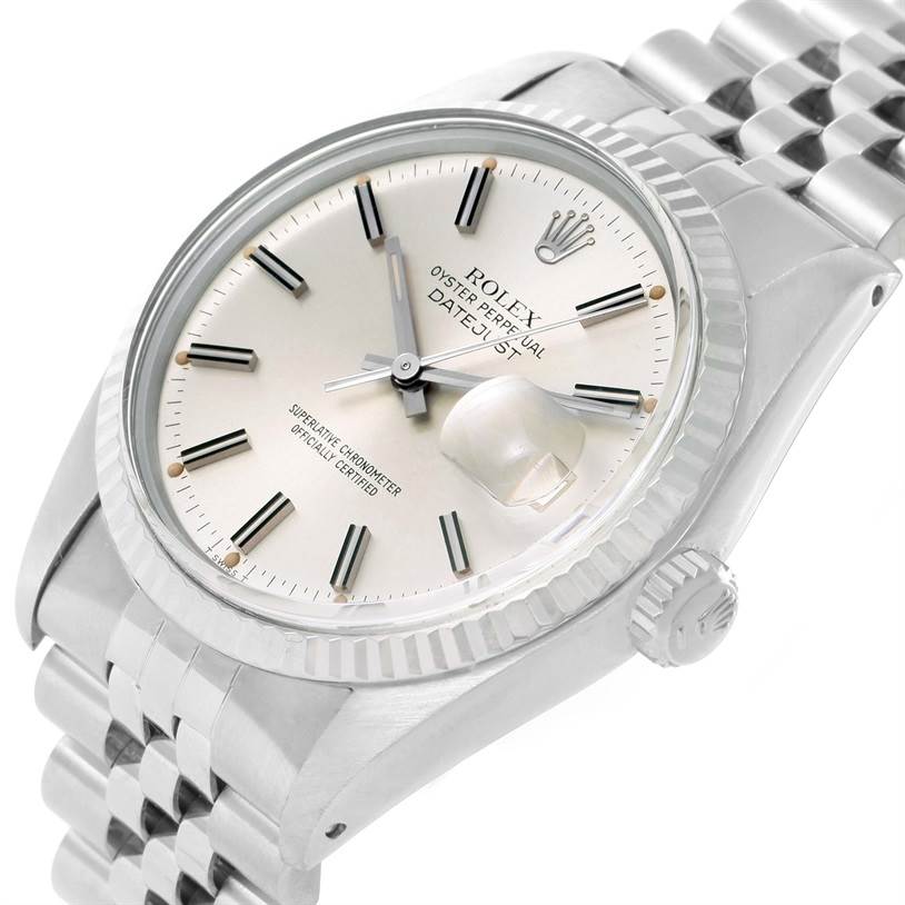 The image shows a Rolex Vintage Collection 16014 Men's Stainless Steel Silver Dial 16014 Men's Stainless Steel Silver Dial model watch at an angled close-up, highlighting the dial, case, and part of the bracelet.