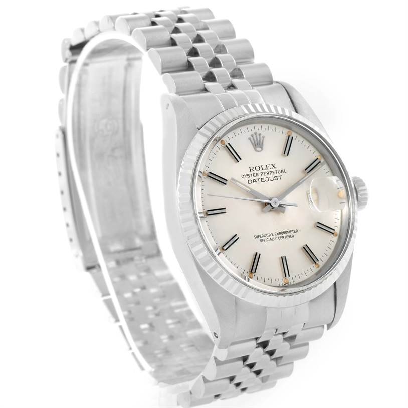 The image shows a side angle of a Rolex Vintage Collection 16014 Men's Stainless Steel Silver Dial 16014 Men's Stainless Steel Silver Dial Oyster Perpetual Datejust watch, displaying the face and bracelet.