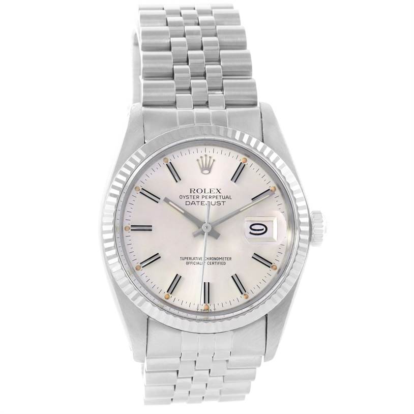 The image shows a front view of a Vintage Collection Rolex Oyster Perpetual Datejust watch, highlighting its dial, bracelet, and date window.