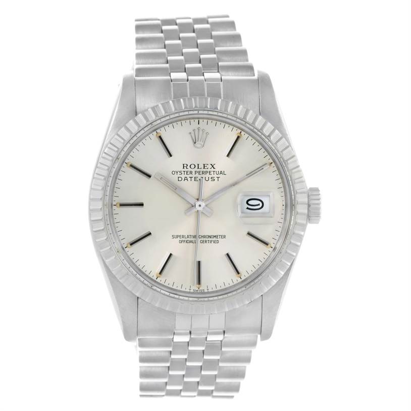 The image shows a front view of a Rolex Vintage Collection 16030 Men's Stainless Steel Silver Dial 16030 Men's Stainless Steel Silver Dial Datejust watch, featuring the dial, bezel, crown, and bracelet.