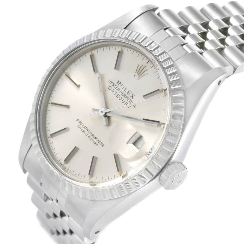 The image shows a side angle view of a Rolex Vintage Collection 16030 Men's Stainless Steel Silver Dial 16030 Men's Stainless Steel Silver Dial watch, highlighting the dial, bezel, crown, and part of the bracelet.