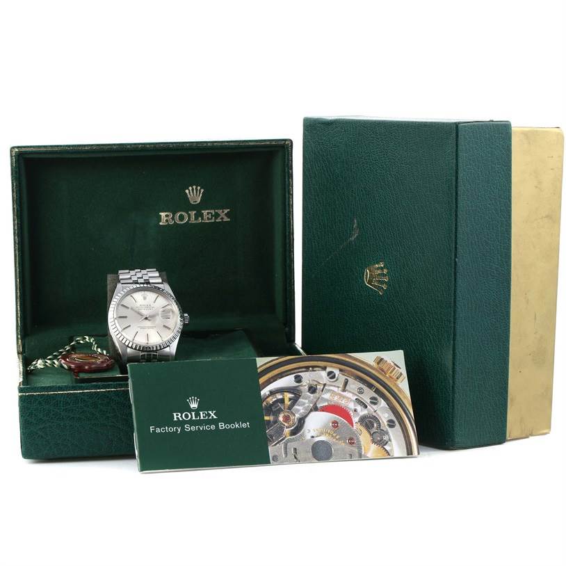The image shows a frontal view of a Rolex Vintage Collection 16030 Men's Stainless Steel Silver Dial 16030 Men's Stainless Steel Silver Dial watch with its green box and Factory Service Booklet.