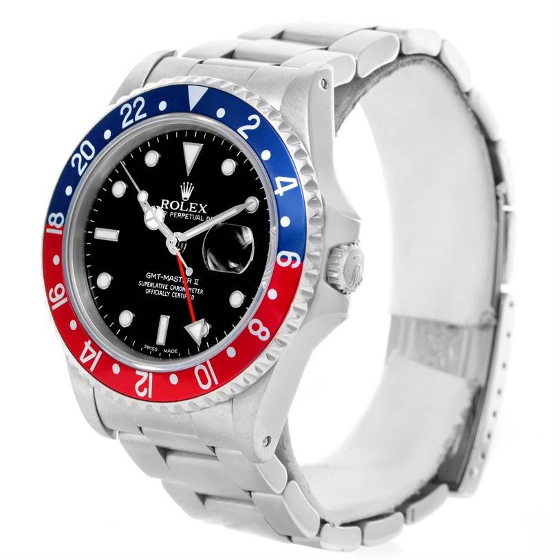 A side angle view of the Rolex Vintage Collection 16760 Men's Stainless Steel Black Dial 16760 Men's Stainless Steel Black Dial GMT-Master II watch, highlighting its bezel, dial, and bracelet.