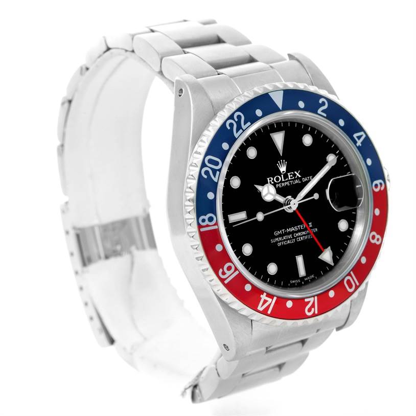 This image shows a Rolex Vintage Collection 16760 Men's Stainless Steel Black Dial 16760 Men's Stainless Steel Black Dial GMT-Master II watch at a three-quarter angle, highlighting the bezel, dial, and bracelet.