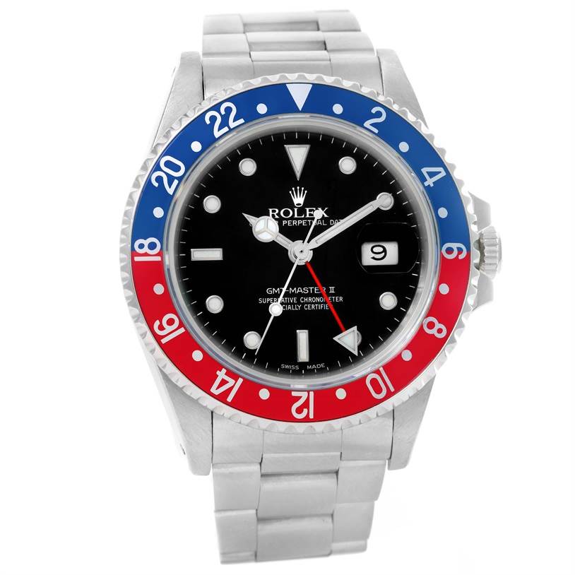 The image shows a frontal view of a Rolex Vintage Collection 16760 Men's Stainless Steel Black Dial 16760 Men's Stainless Steel Black Dial GMT-Master II watch with a red and blue bezel.
