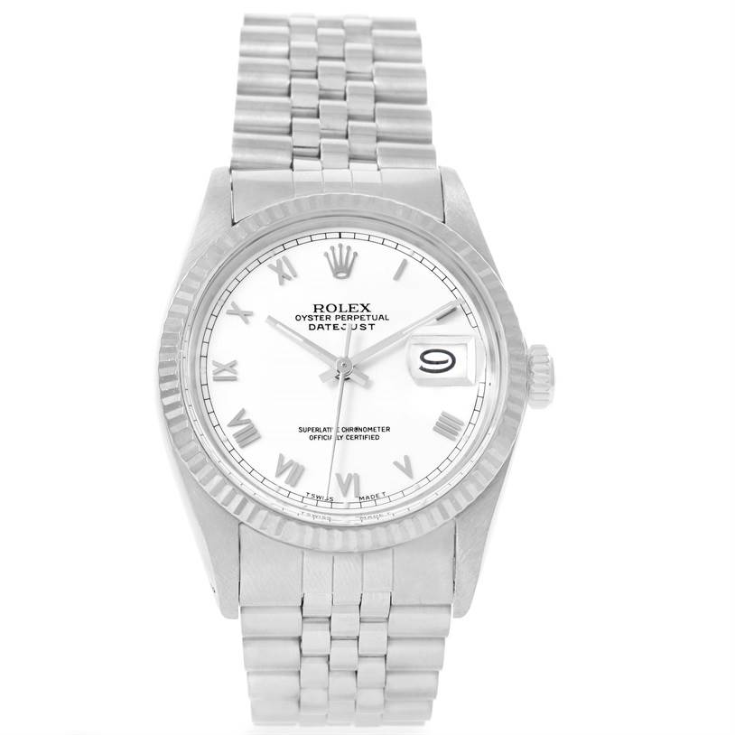 The image shows a front view of the Rolex Vintage Collection 16014 Men's Stainless Steel White Dial 16014 Men's Stainless Steel White Dial model, displaying the watch face, bezel, and bracelet.