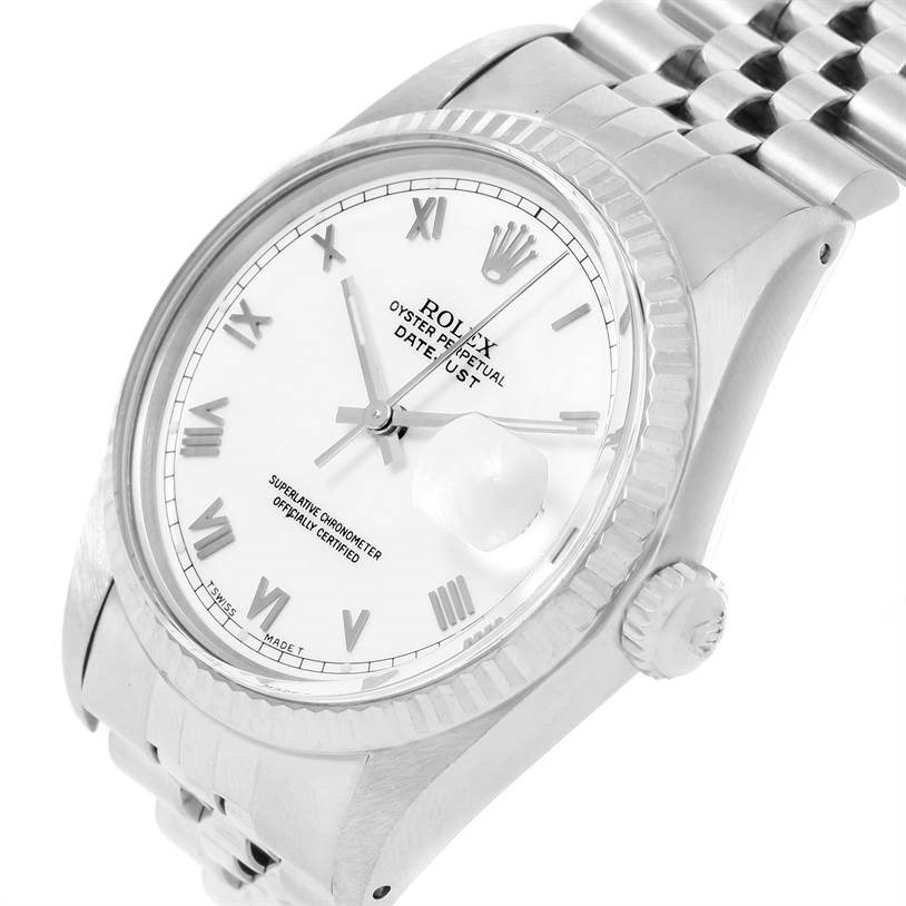 The image shows a Rolex Vintage Collection 16014 Men's Stainless Steel White Dial 16014 Men's Stainless Steel White Dial watch at an angled view, highlighting the face, bezel, and part of the bracelet.