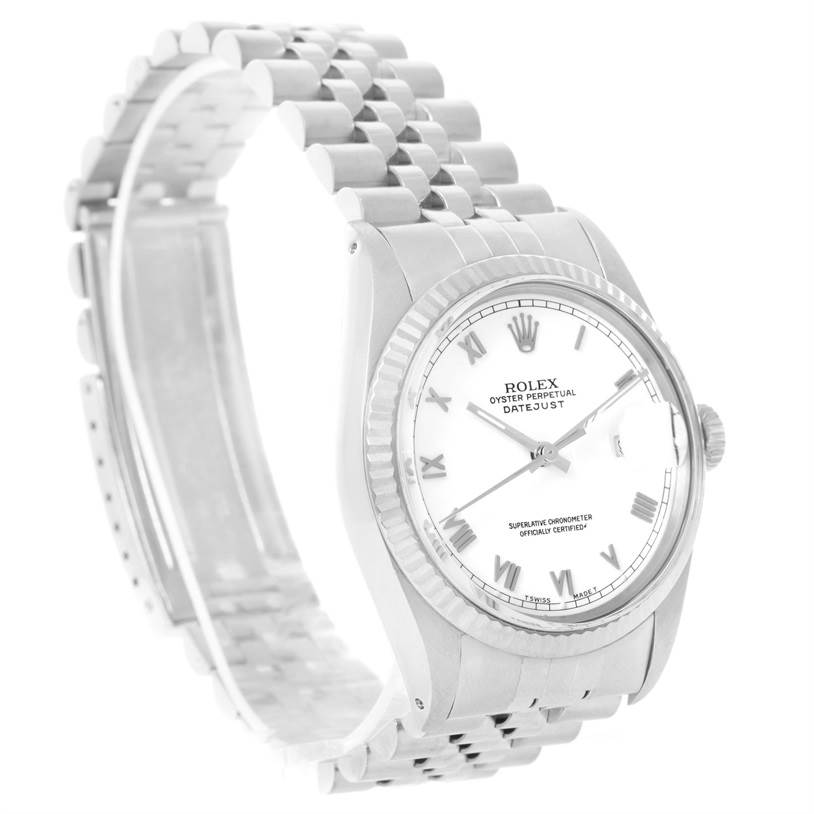 The Rolex Vintage Collection 16014 Men's Stainless Steel White Dial 16014 Men's Stainless Steel White Dial model Oyster Perpetual Datejust is shown at a slight angle, highlighting the dial and metal bracelet.