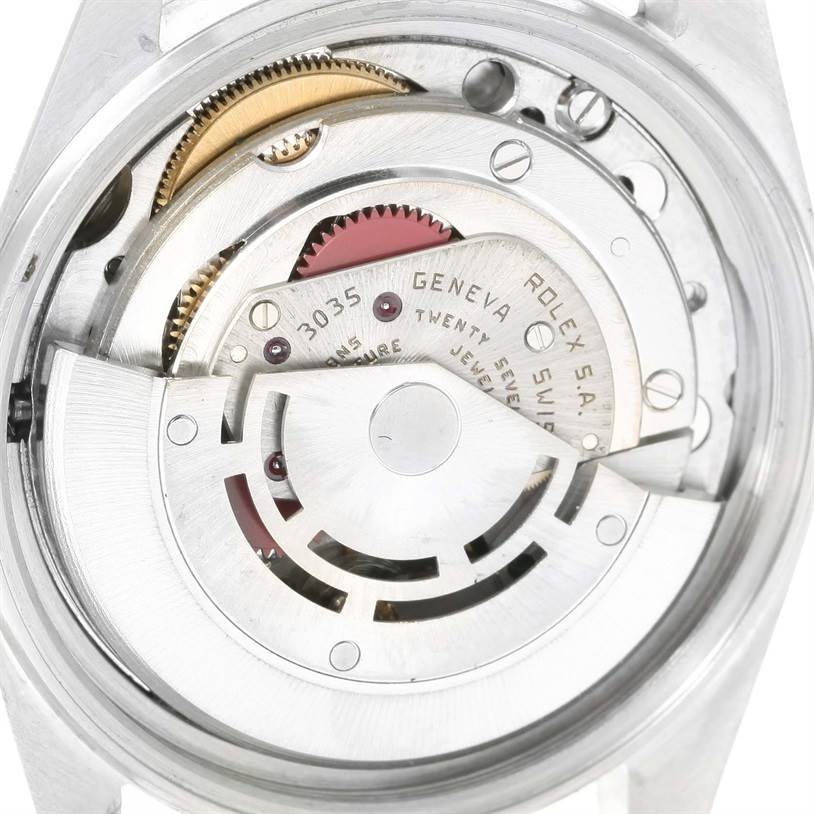 This image shows the movement mechanism of a Rolex Vintage Collection 16014 Men's Stainless Steel White Dial 16014 Men's Stainless Steel White Dial watch, viewed from the case back.