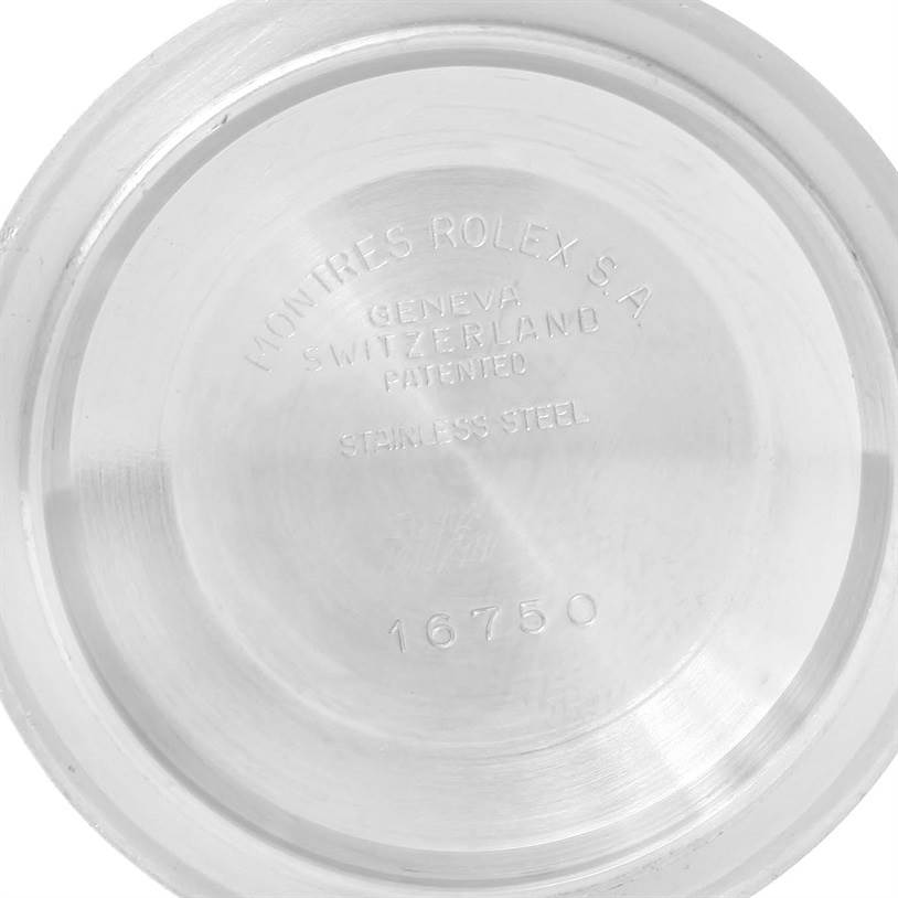 This image shows the inside of the case back of a Vintage Collection model by Rolex, highlighting the engravings and model number 16750.