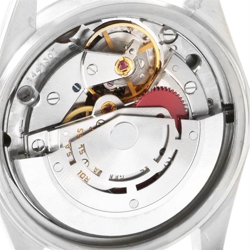 The image shows the inner mechanical movement of a Rolex Vintage Collection 16014 Men's Stainless Steel Silver Dial 16014 Men's Stainless Steel Silver Dial watch from a top-down angle.