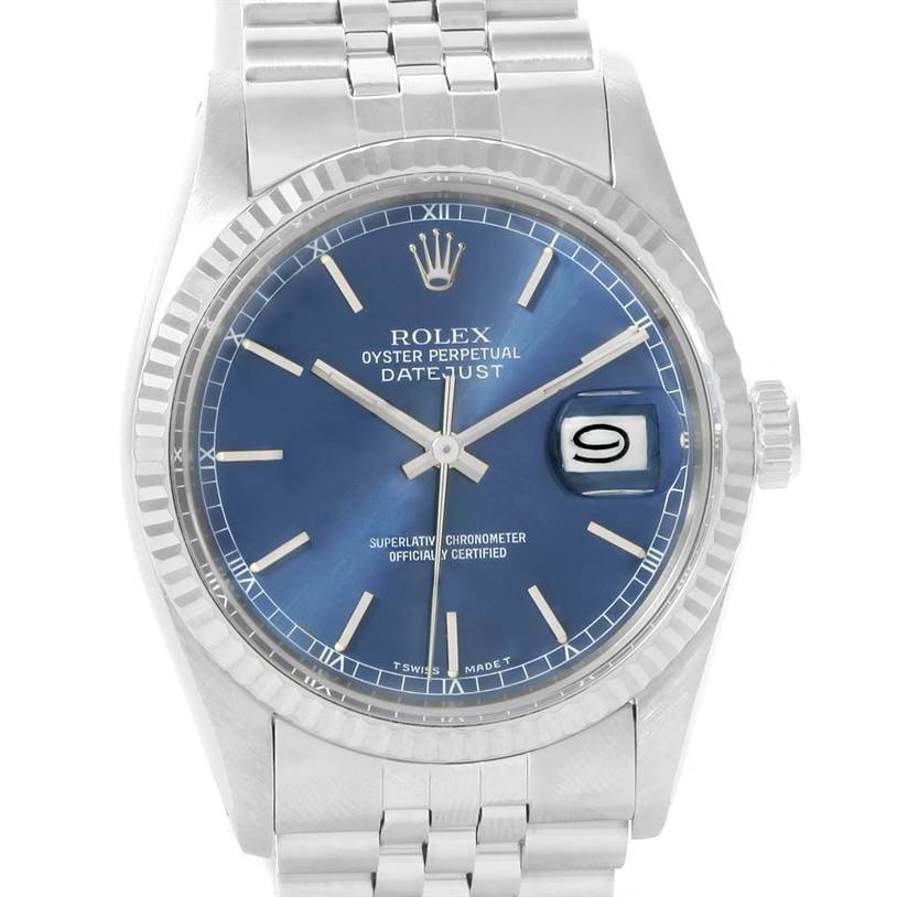 The image shows a frontal view of a Rolex Vintage Collection 16014 Men's Stainless Steel Silver Dial 16014 Men's Stainless Steel Silver Dial Oyster Perpetual Datejust watch with a blue dial and stainless steel bracelet.