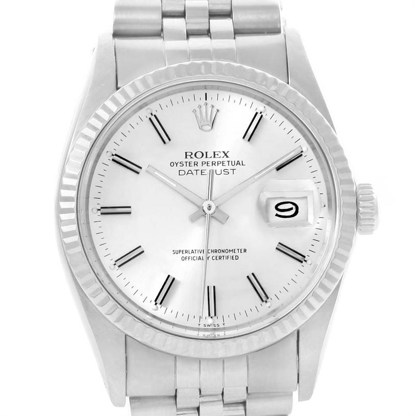 The image shows a front view of a Rolex Vintage Collection 16014 Men's Stainless Steel Silver Dial 16014 Men's Stainless Steel Silver Dial Oyster Perpetual Datejust watch, displaying its dial, bezel, and bracelet.