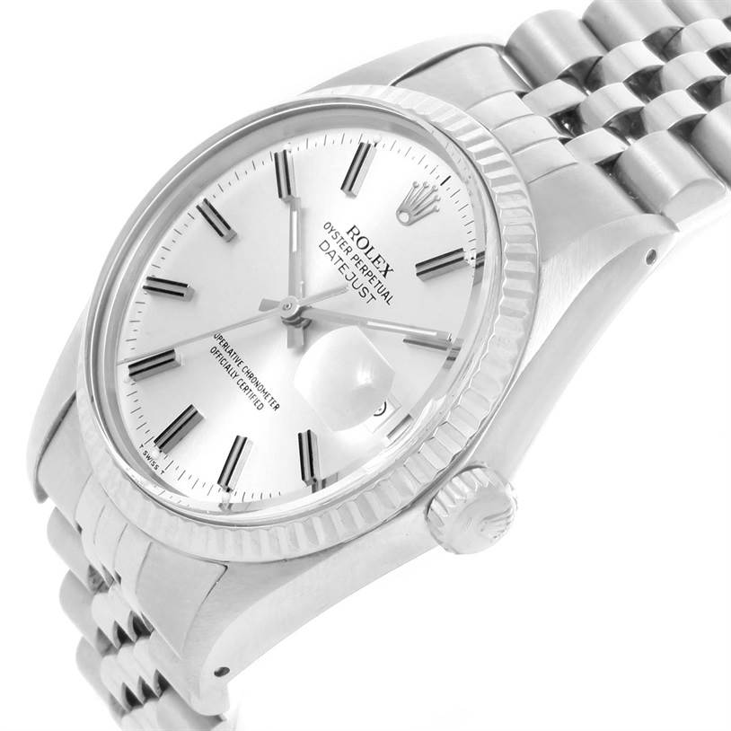 This image shows a close-up side angle of a Rolex Vintage Collection 16014 Men's Stainless Steel Silver Dial 16014 Men's Stainless Steel Silver Dial Datejust watch, highlighting the dial, case, and bracelet.