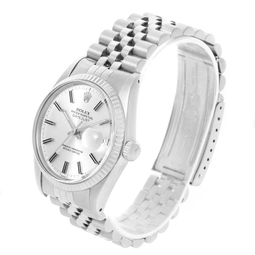 This image displays the front and side view of the Rolex Vintage Collection 16014 Men's Stainless Steel Silver Dial 16014 Men's Stainless Steel Silver Dial Datejust model, highlighting its face and bracelet.