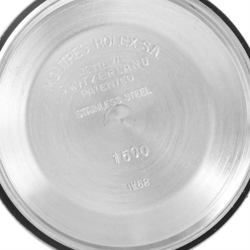 This image shows the inside of the stainless steel case back of a Rolex Vintage Collection 1500 Men's Stainless Steel Silver Dial 1500 Men's Stainless Steel Silver Dial model 1500.