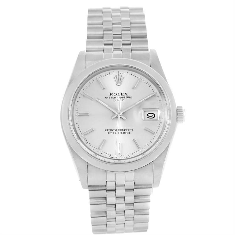 The image shows a front view of the Rolex Vintage Collection 15000 Men's Stainless Steel Silver Dial 15000 Men's Stainless Steel Silver Dial Oyster Perpetual Date watch, displaying the face, bezel, crown, and bracelet.