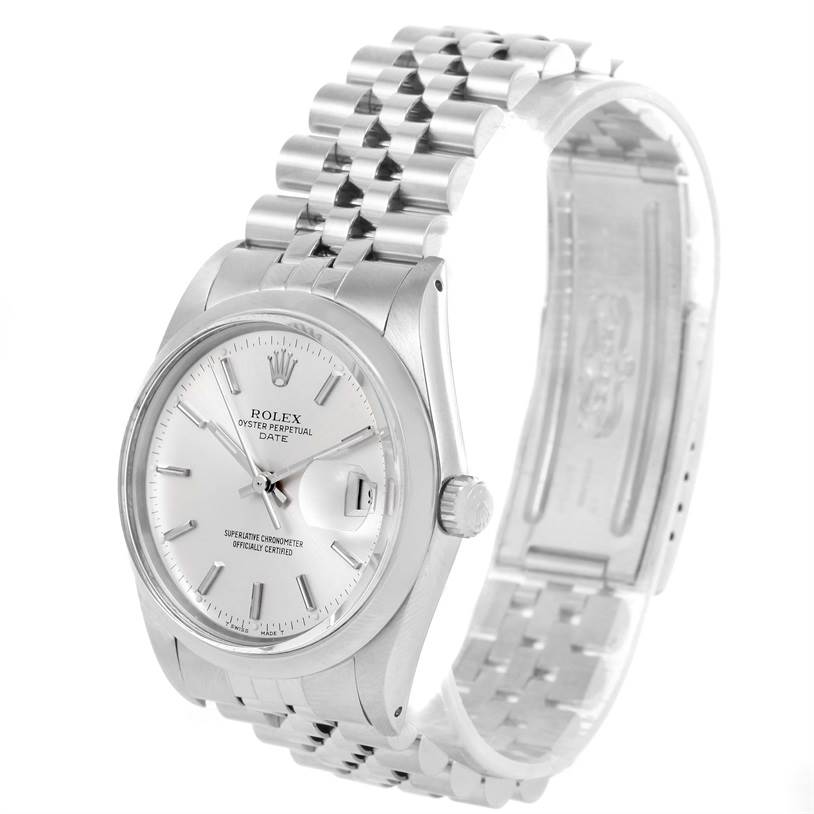 The image shows a Rolex Vintage Collection 15000 Men's Stainless Steel Silver Dial 15000 Men's Stainless Steel Silver Dial watch from an angle, displaying the dial, crown, bracelet, and clasp.