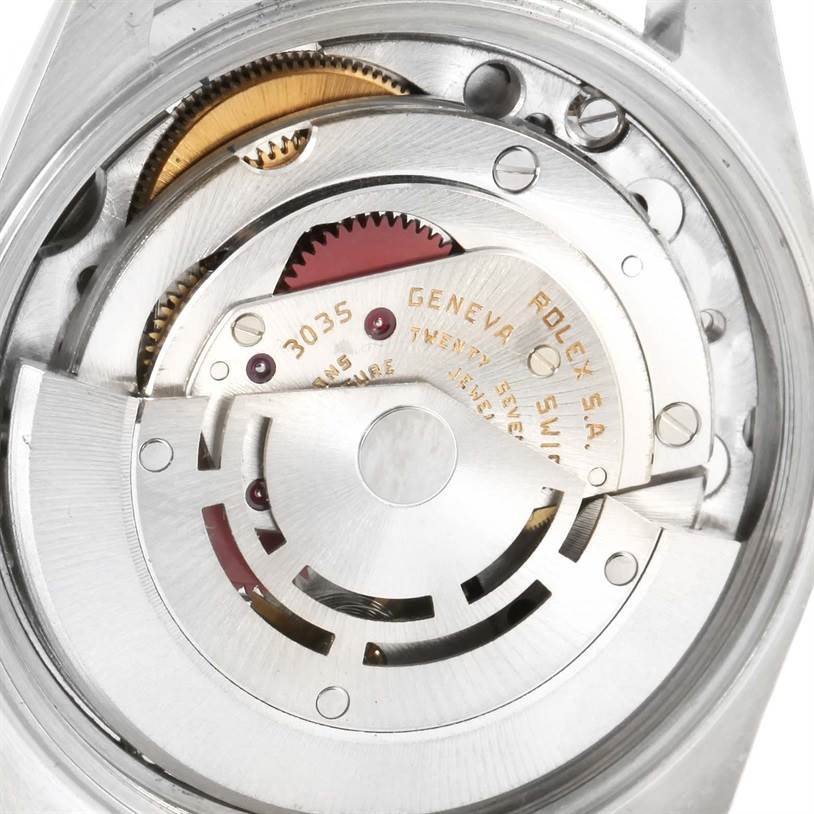 This image shows the internal movement mechanism of the Vintage Collection model watch by Rolex at a close-up angle.