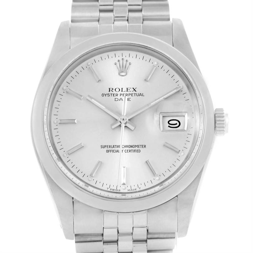 This image shows a front view of a Rolex Vintage Collection 15000 Men's Stainless Steel Silver Dial 15000 Men's Stainless Steel Silver Dial model watch, highlighting its face, bezel, and bracelet.
