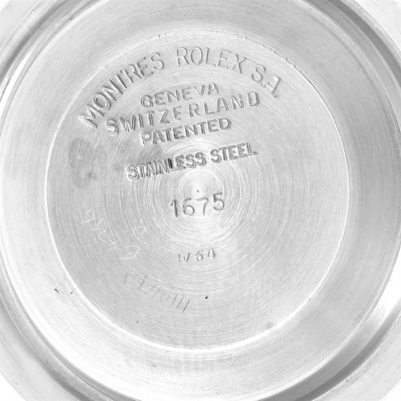 This is the interior view of the case back of a Vintage Collection Rolex model 1675 in stainless steel.