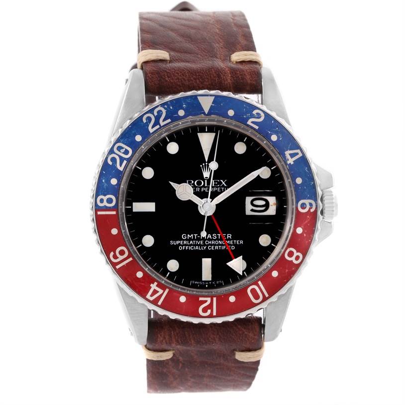 This is a front view of the Rolex Vintage Collection 1675 Men's Stainless Steel Black Dial 1675 Men's Stainless Steel Black Dial GMT-Master watch, showing the face, bezel, and leather strap.