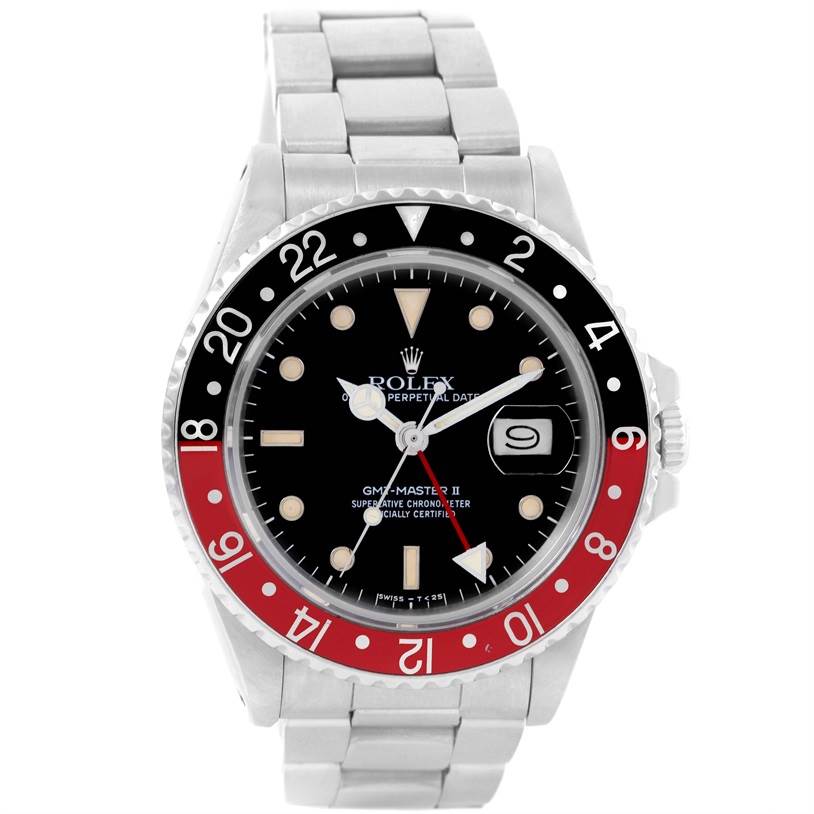 The image shows a front view of the Rolex Vintage Collection 16760 Stainless Steel Black Dial 16760 Stainless Steel Black Dial GMT-Master II watch, highlighting the dial, bezel, and bracelet.
