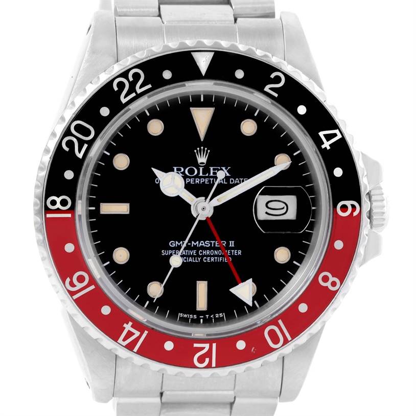 The Rolex Vintage Collection 16760 Stainless Steel Black Dial 16760 Stainless Steel Black Dial GMT-Master II watch is shown from a front angle, displaying the bezel, dial, hands, and date window.