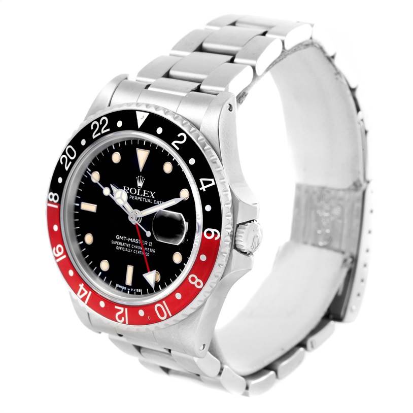 The image shows a side angle view of the Rolex Vintage Collection 16760 Stainless Steel Black Dial 16760 Stainless Steel Black Dial GMT-Master II, emphasizing the bezel, dial, and bracelet.