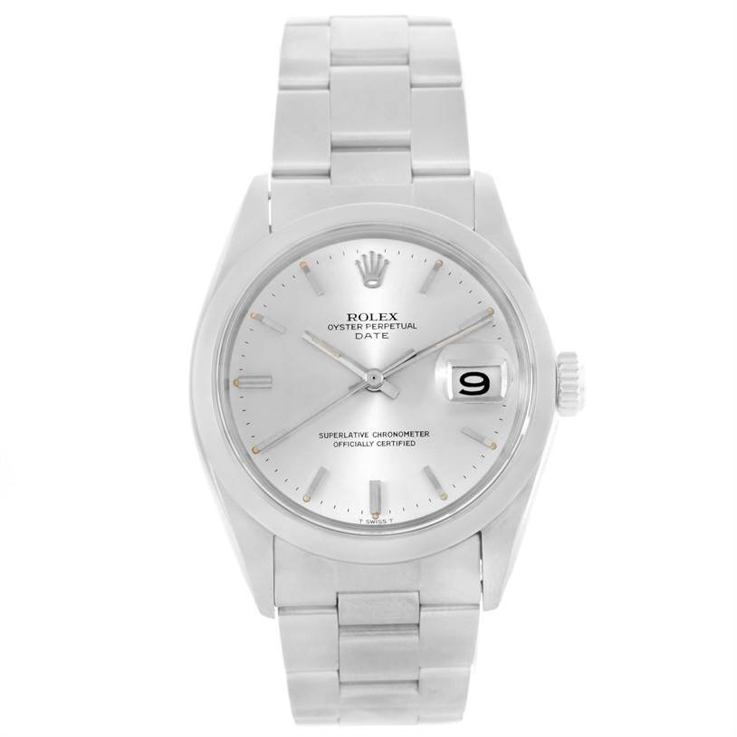 The image shows a top view of a Rolex Vintage Collection 1500 Men's Stainless Steel Silver Dial 1500 Men's Stainless Steel Silver Dial Oyster Perpetual Date watch, featuring the dial, hands, date window, and bracelet.