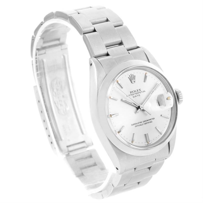 The image shows a side angle of the Rolex Vintage Collection 1500 Men's Stainless Steel Silver Dial 1500 Men's Stainless Steel Silver Dial watch, displaying the face, bracelet, and crown.