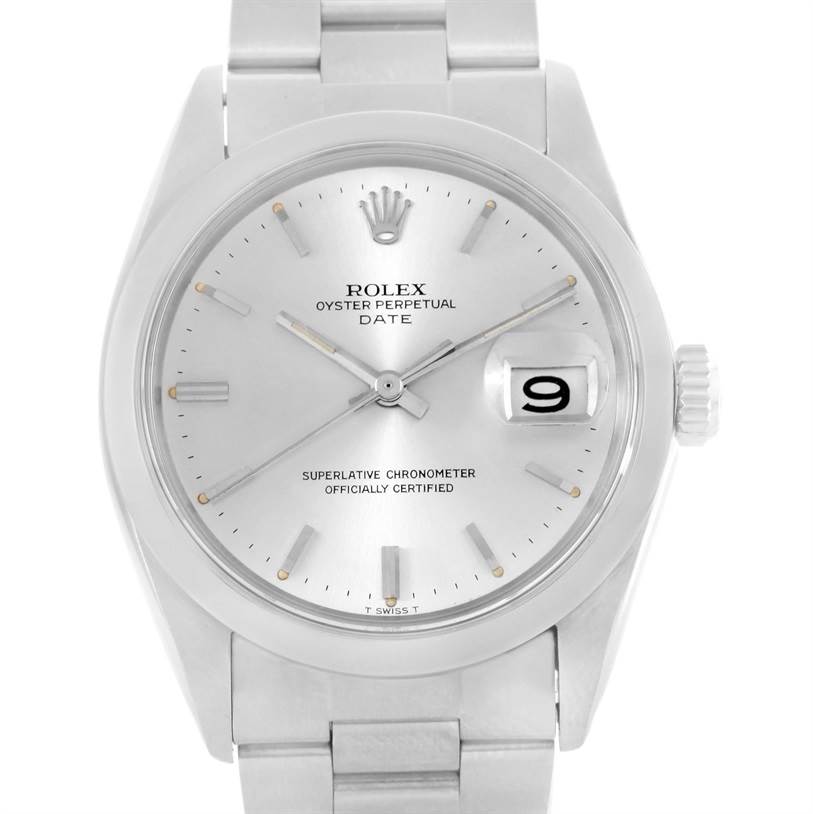 This is a head-on view of a Rolex Vintage Collection 1500 Men's Stainless Steel Silver Dial 1500 Men's Stainless Steel Silver Dial Oyster Perpetual Date watch showing the face, dial, crown, and part of the bracelet.