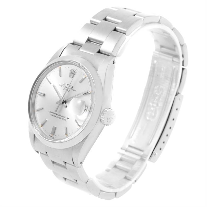 The image shows a Rolex Vintage Collection 1500 Men's Stainless Steel Silver Dial 1500 Men's Stainless Steel Silver Dial model watch at a slight side angle, highlighting the face, bracelet, and crown.