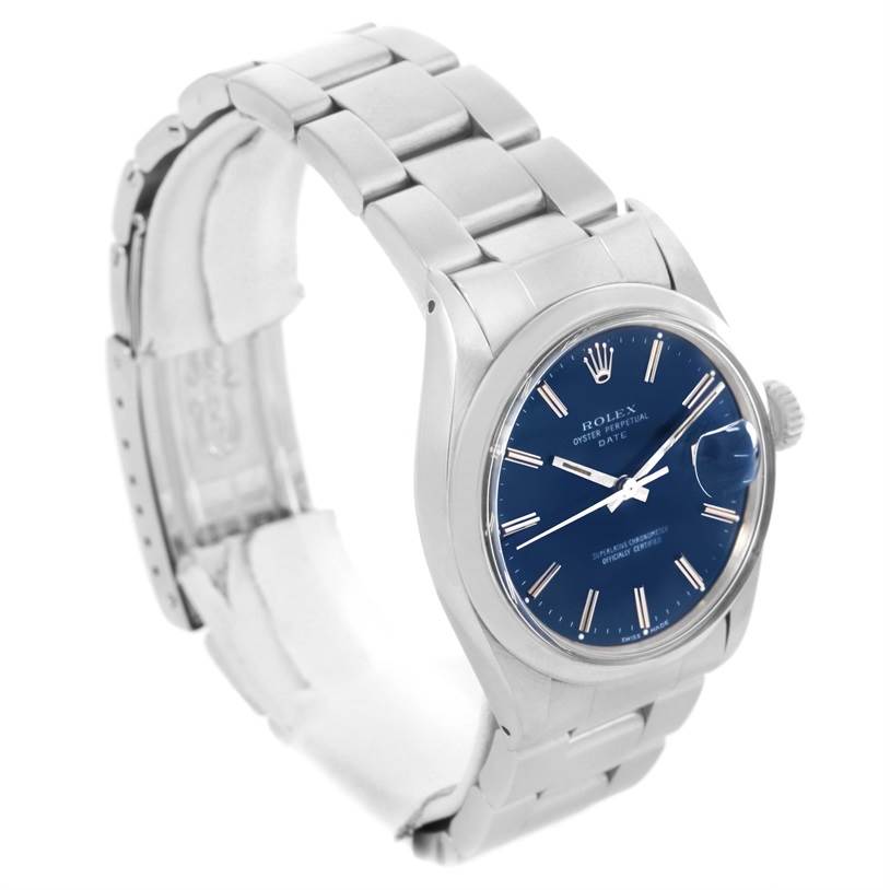 This image shows a Rolex Vintage Collection 1500 Men's Stainless Steel Blue Dial 1500 Men's Stainless Steel Blue Dial model watch at a three-quarter angle, displaying the dial, bezel, and bracelet.