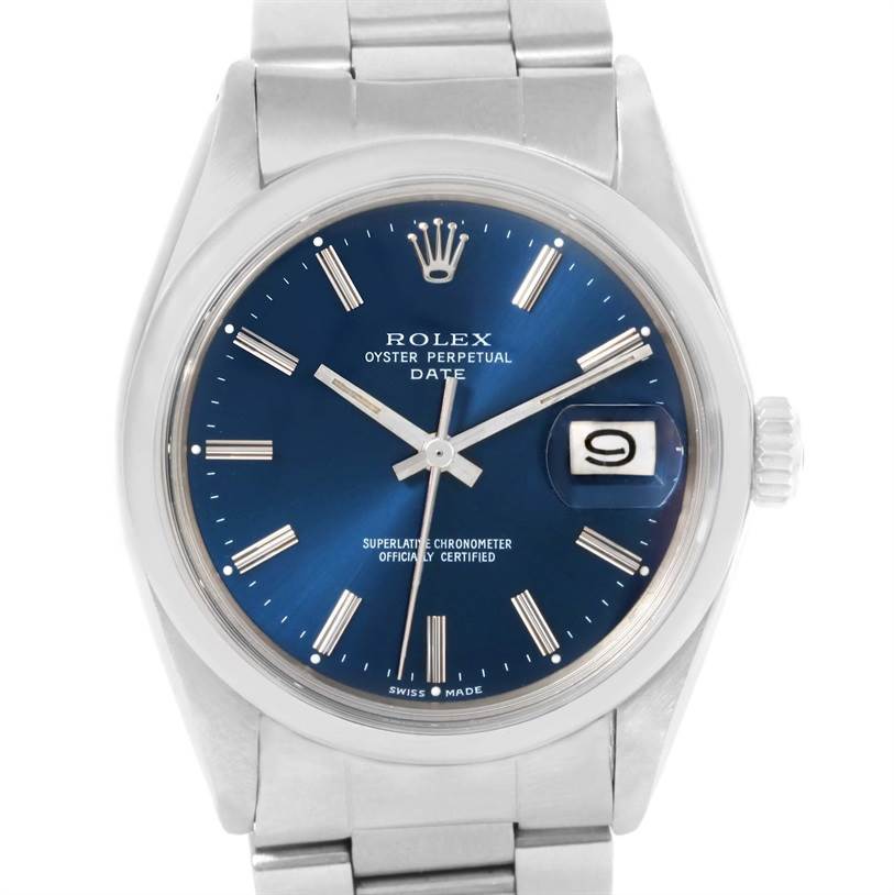 This image shows the Rolex Vintage Collection 1500 Men's Stainless Steel Blue Dial 1500 Men's Stainless Steel Blue Dial Oyster Perpetual Date watch from a straight-on angle, highlighting its blue dial and date function.