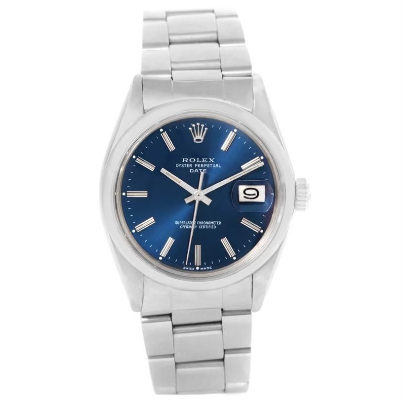 The image shows a Rolex Vintage Collection 1500 Men's Stainless Steel Blue Dial 1500 Men's Stainless Steel Blue Dial watch viewed from the front, highlighting the dial, hour markers, and bracelet.