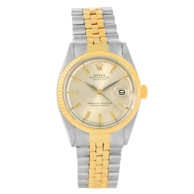 The Rolex Vintage Collection 1601 Men's Stainless Steel Silver Dial 1601 Men's Stainless Steel Silver Dial model shown is viewed from the front, displaying the dial, bezel, crown, and two-tone bracelet.