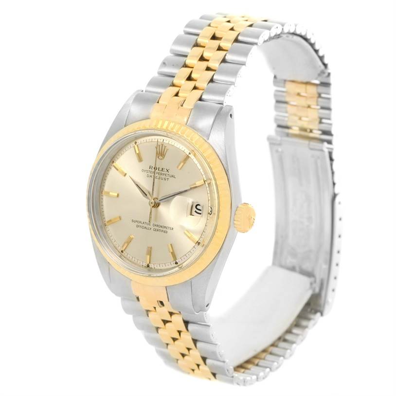 This Rolex Vintage Collection 1601 Men's Stainless Steel Silver Dial 1601 Men's Stainless Steel Silver Dial watch is shown at an angled side view, displaying the face, crown, and two-tone bracelet.