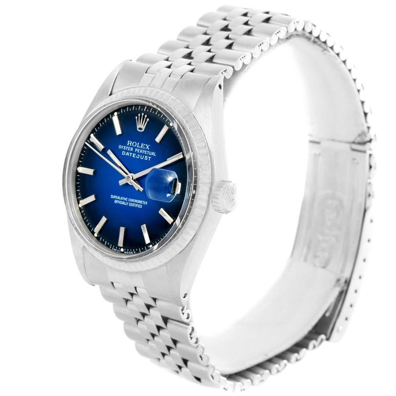 The image shows a side angle of a Rolex Vintage Collection 1601 Men's Stainless Steel Blue Dial 1601 Men's Stainless Steel Blue Dial Datejust watch, displaying the face, bezel, crown, and bracelet.