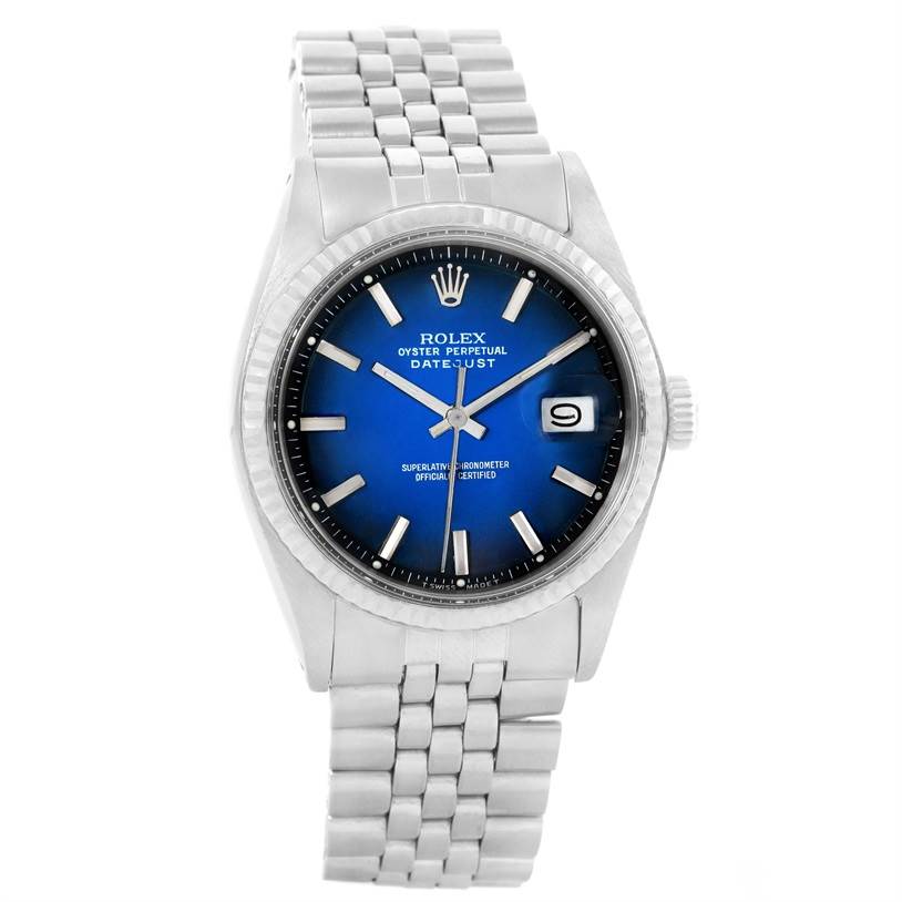 The image shows a frontal view of the Rolex Vintage Collection 1601 Men's Stainless Steel Blue Dial 1601 Men's Stainless Steel Blue Dial Datejust, highlighting its blue dial, date window, and metal strap.