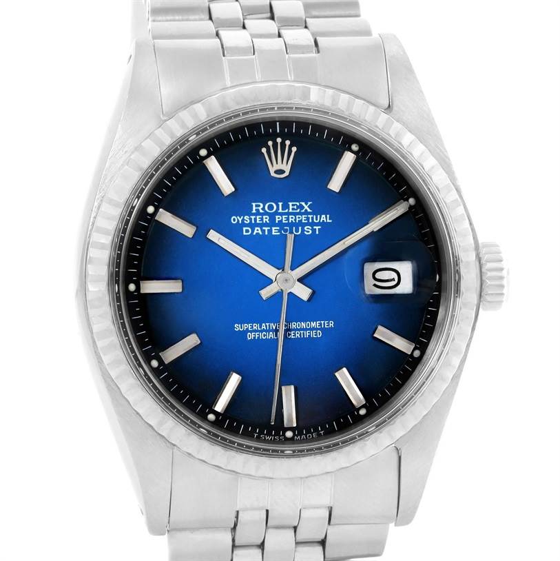 The image shows a close-up, front view of a Rolex Vintage Collection 1601 Men's Stainless Steel Blue Dial 1601 Men's Stainless Steel Blue Dial model watch, with a blue dial and stainless steel bracelet.
