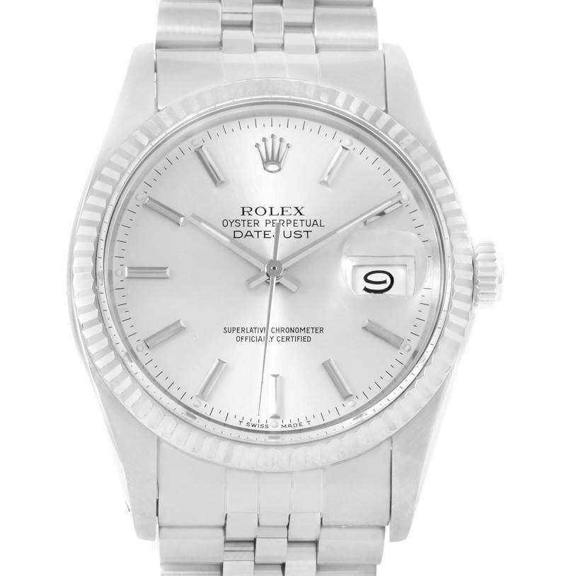 The image shows a front view of a Rolex Vintage Collection 16014 Men's Stainless Steel Silver Dial 16014 Men's Stainless Steel Silver Dial model, highlighting the dial, date window, and bracelet.