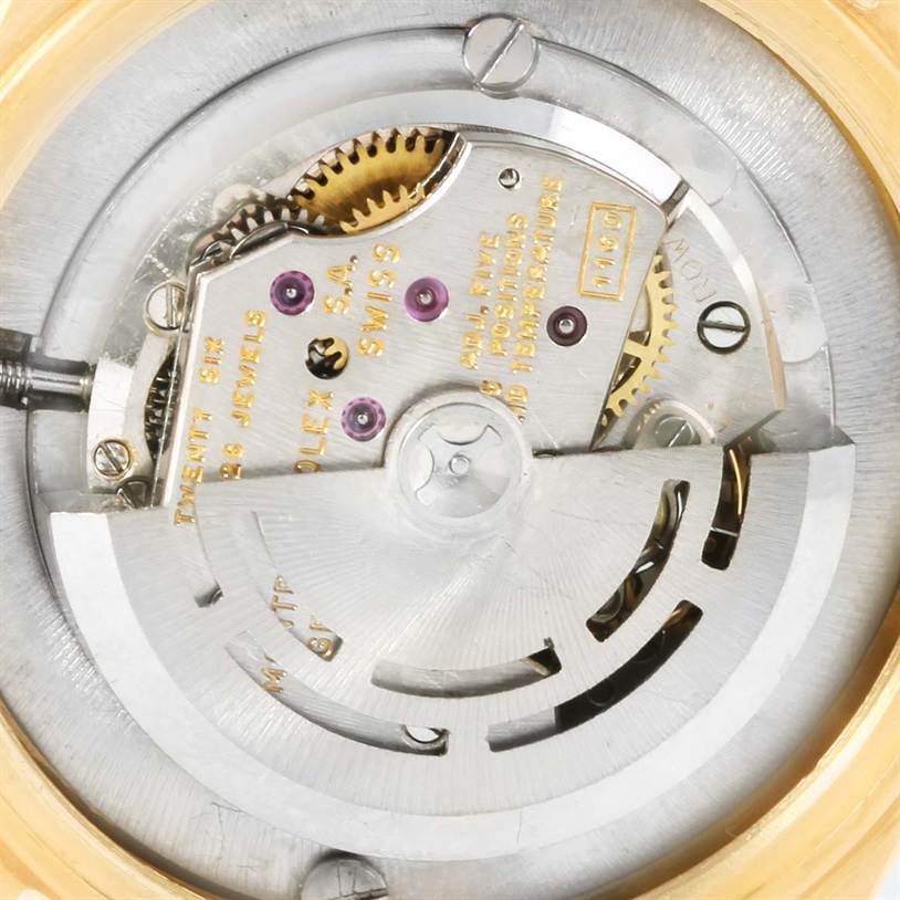 This image shows the internal mechanism of a Rolex Vintage Collection 6627 Yellow Gold Champagne Dial 6627 Yellow Gold Champagne Dial model from a close-up angle.
