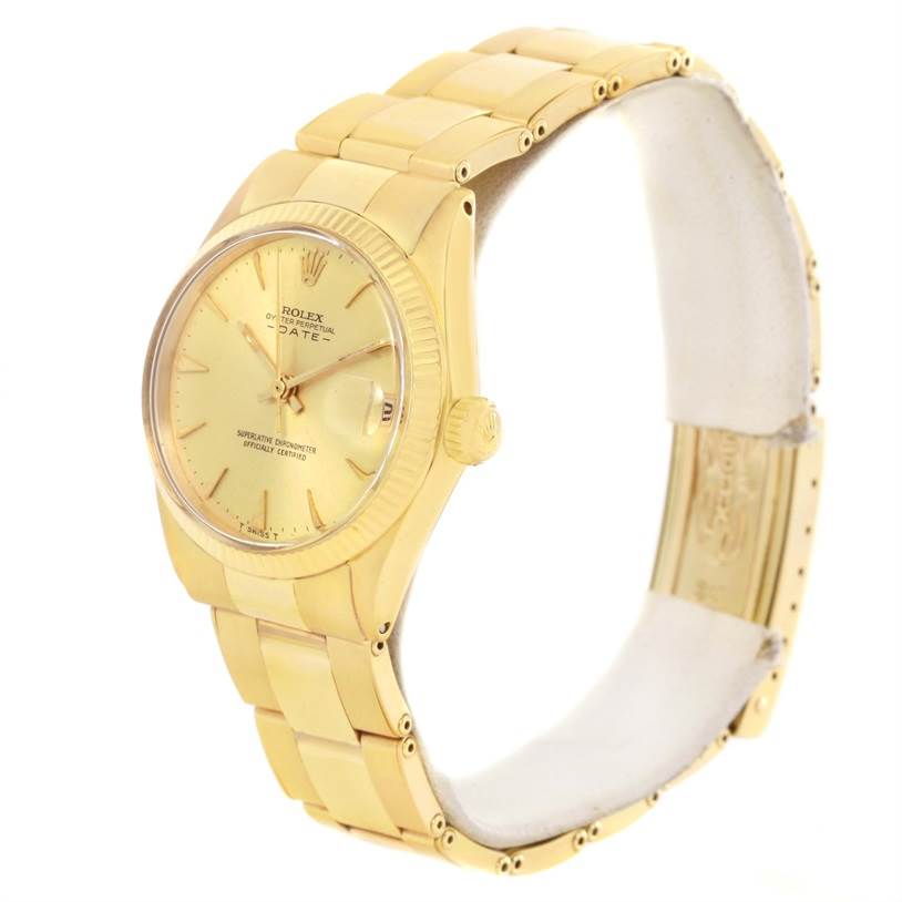 The image shows a side angle of the Rolex Vintage Collection 6627 Yellow Gold Champagne Dial 6627 Yellow Gold Champagne Dial watch, highlighting its gold case, band, crown, and face.